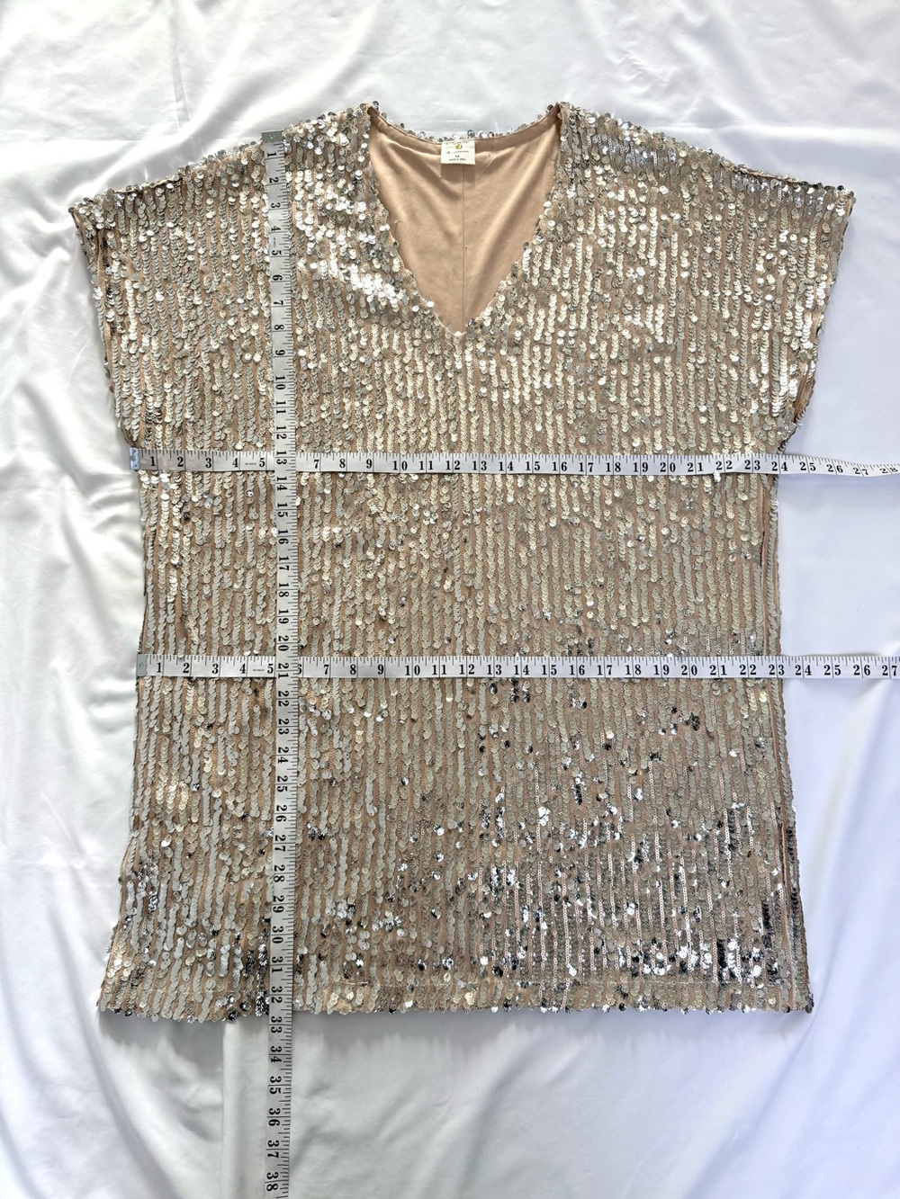 By Together Champagne Sequin V-Neck Short Sleeve Shift Mini Tunic Dress - Picture 9 of 11